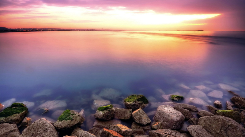 tranquil scene, water, no people, rock, solid, romantic sky, orange color, nature, sky, cloud - sky, pc  nature hd pictures 1920x1080, beach, rock - object