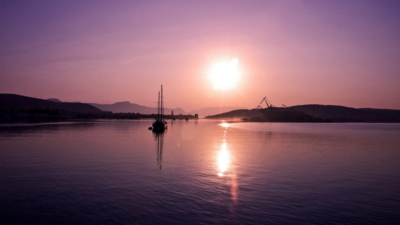 beauty in nature, idyllic, sea, nature, sailboat, 1080P, water, mode of transportation, tranquility, sunset, sky, scenics - nature, tranquil scene, mountain