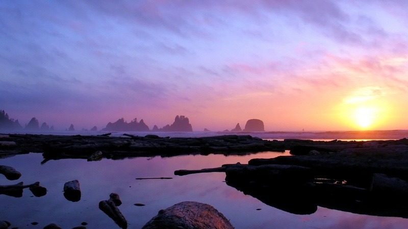 tranquil scene, solid, sunset, pc  nature hd pictures 1920x1080, purple, tranquility, beauty in nature, reflection, water, sky, orange color, rock, cloud - sky
