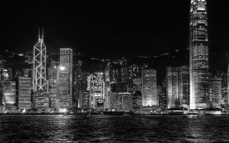 financial district, residential district, night, skyscraper, dark, no people, architecture, outdoors, modern, 4K, hongkong, office building exterior, water