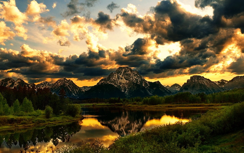 clouds, colors, mountains, splendor, landscape, nature, mountain, 720P, green, trees, m, grass, lake, sky, reflection, peaceful, brown, view, water, lovely