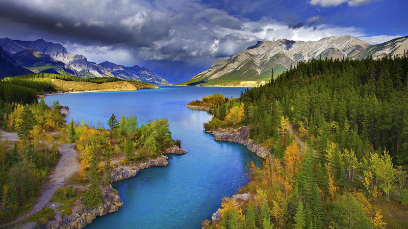 surrounded, beautiful, 1080P, lovely, water, pathway, autumn splendor, mountains, trees, splendor, peaceful, river, photo, view, lake, road