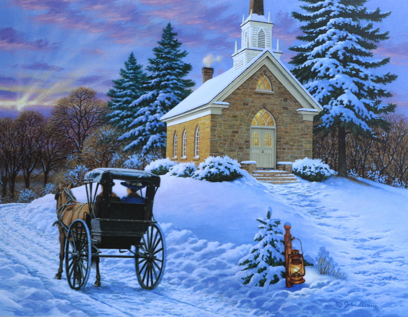 winter, horse, splendor, peaceful, relifion, painting, sunday, forest, lovely, christm, beautiful, building, 1080P, church, wagon, near, person, carriage