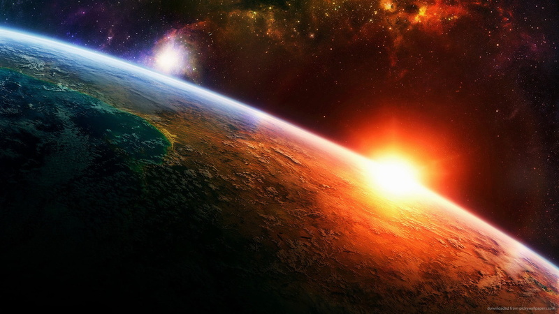 galaxy, astronomy, space art, light - natural phenomenon, sunbeam, 1080P, Sun, bright, stars, horizon, sunlight, nature, no people, blue, planet - space