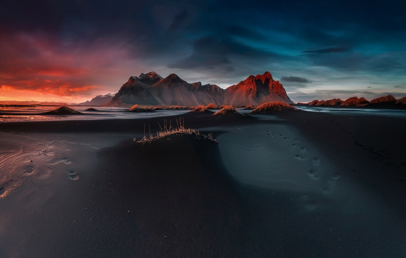 black sand, morning, clouds, the sky, traces, fjord Hornafjordur, 1080P, Stokksnes, Have stoknes, beach, Cape, the evening