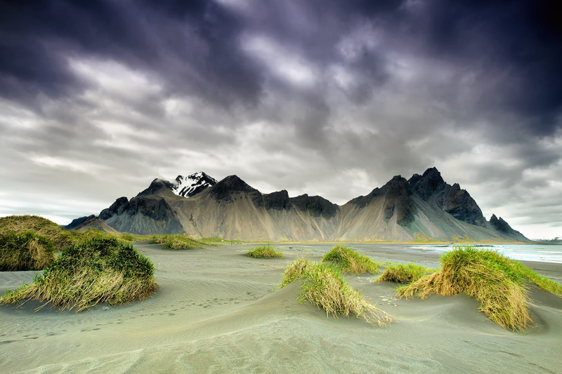 Iceland, spring, grass, sand, mountains, Have stokksnes, Cape, 1080P, mountain, surrounded