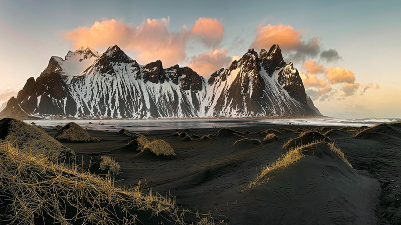 sunrise, sand, red, sky, stokksnes, vestrahorn, black, east, mountains, coast, iceland, rocky, snow, 1080P, clouds, sea