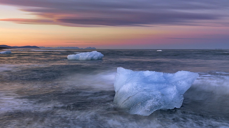 sunrise, rock, 1080P, rock - object, horizon, vatnajokull national park, jokulsarlon, national park, water, glacial lake, lake, tranquil scene, solid