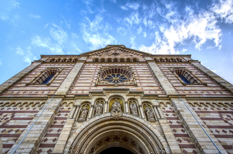 building exterior, blue, architecture, hdr, rose window, believe, 5K, ornate, cathedral, outdoors, sky, church, built structure, speyer, belief, nature