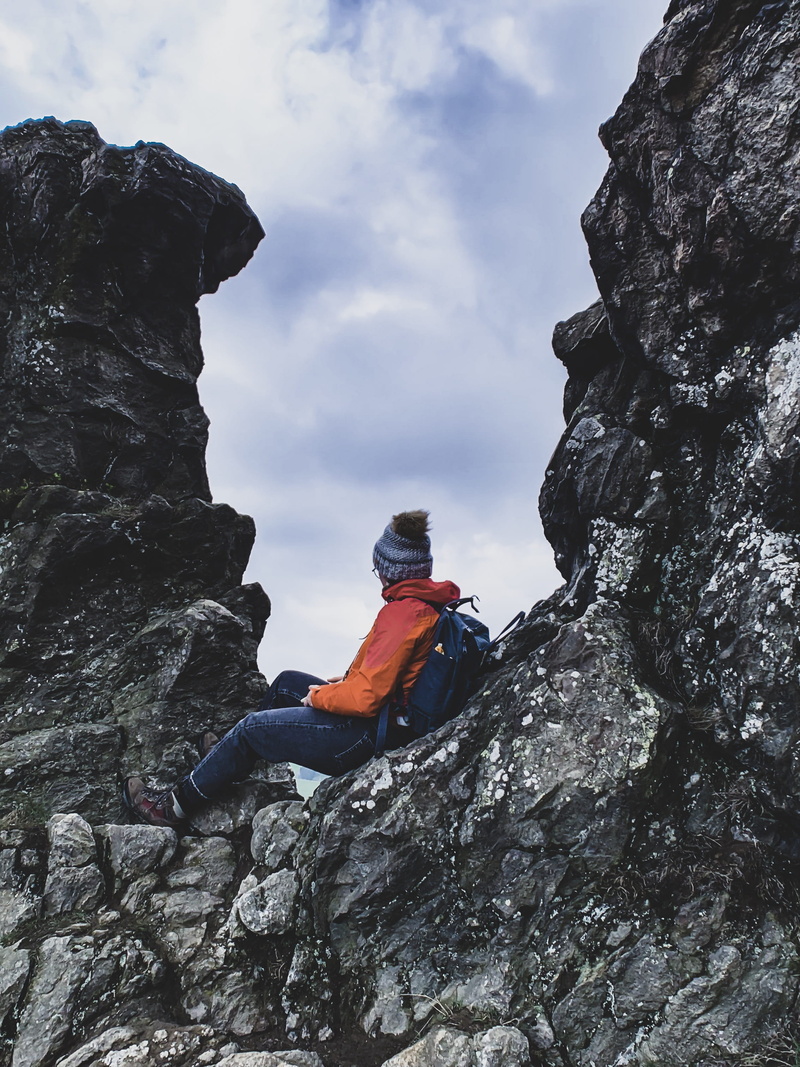 sky, person, building, outdoors, mountain climbing, one person, nature, rock, bruchhauser steine, adventure, spire, sport, germany, steeple, 2K, mountain