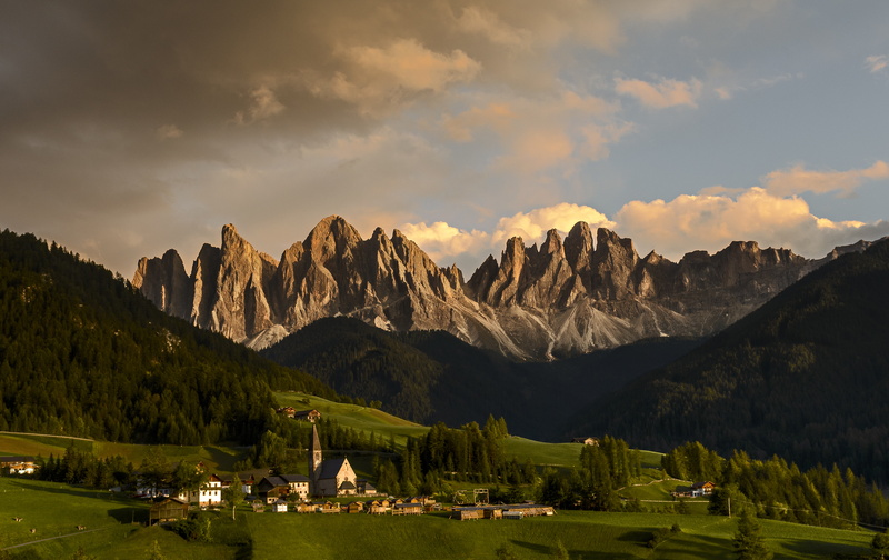 Baroque, Church Of St. Magdalena, village, field, leafed, the trees of the mountain, trees, green, clouds, 4K, The Dolomites, Italy