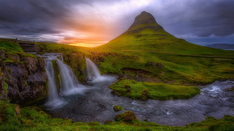 no people, travel destinations, idyllic, mountain, flowing, motion, rock - object, kirkjufell waterfalls, stream - flowing water, kirkjufell, flowing water