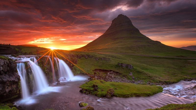 iceland, nature, 1080P, no people, flowing water, wilderness, awe, waterfall, dramatic sky, dramatic landscape, flowing, travel, sunset, water, land, cloud - sky