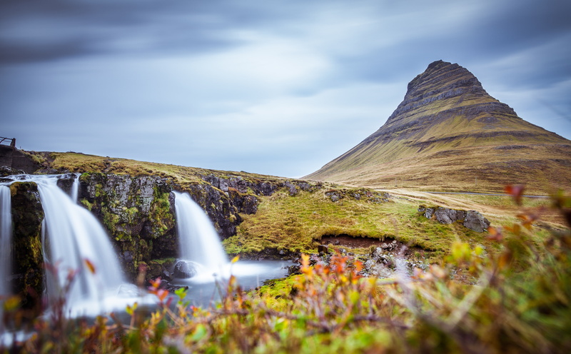 church, Snaefellsnes, tourism, Waterfall, non-urban scene, sky, falls, Volcanic, Fall, ecotourism, tranquility, landmarks, environment, plant, Grundarfjordur