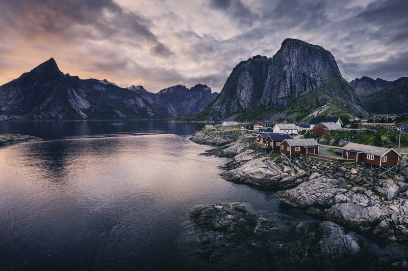 environment, built structure, 5K, photography, cloud - sky, beauty in nature, scenics - nature, rock, cloudy, hamnoy, norway, water, near, mountain range