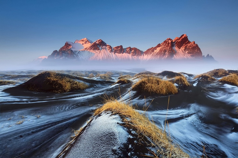 mist, mountain, Iceland, landscape, Lava, Morning, grass, nature, Vestrahorn, 1080P, snow