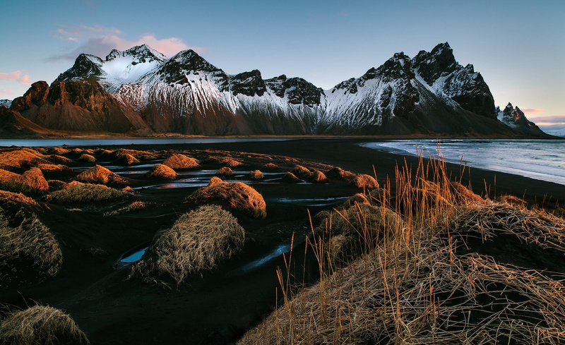 grass, morning, the first rays, Vestrahorn, black lava sand, Iceland, Stockksness, the sky, mountains, 1080P
