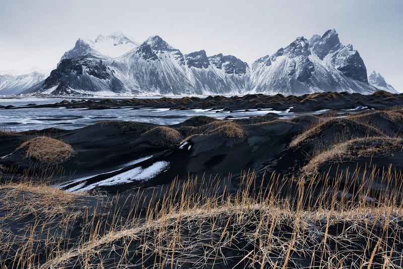Iceland, black sand, Vestrahorn, mountains, the sky, grass, 1080P, Stockksness