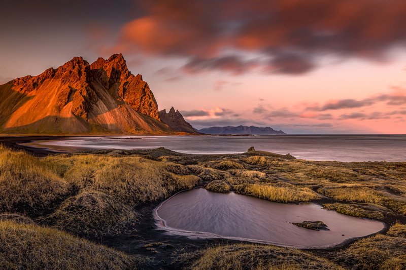Vestrahorn Mountain, outdoors, clouds, water, sky, Swiercz Jacek, 1080P, sunset, grass, Vestrahorn, mountains, photography, landscape