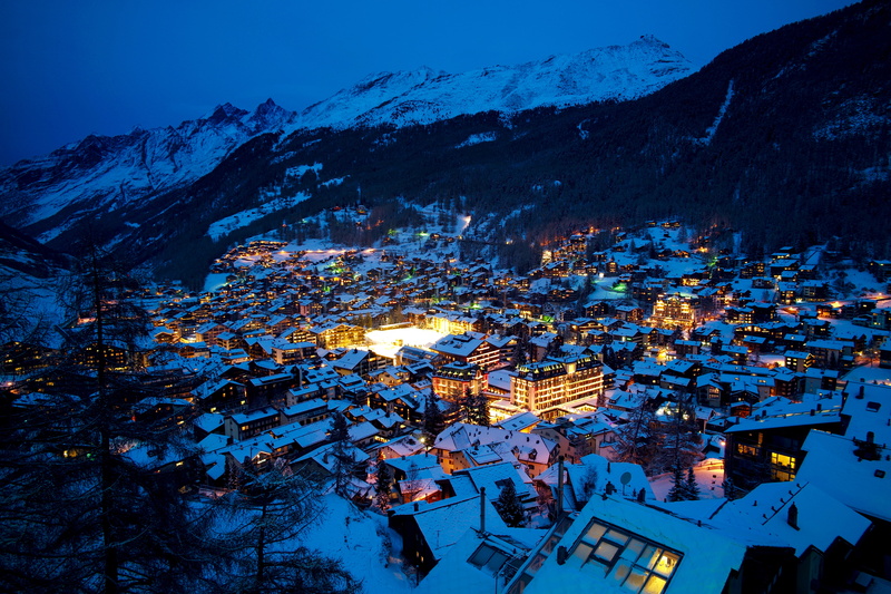 urban Scene, no people, landscape, night, Swiss Alps, cold temperature, city, blue, cultures, village, building Exterior, winter, mountains, residential district