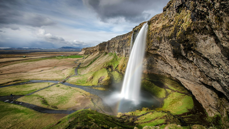 seljalands river, rock, water feature, landscape, mountain, nature, water, sky, 4K, waterfall, terrain, iceland, seljalandsfoss, cloud