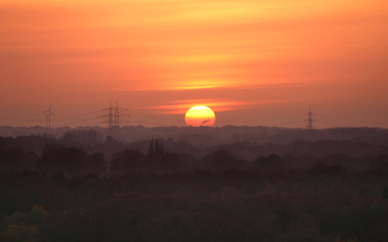 landscape, power lines, sunset, 1080P, smoke, wind turbine