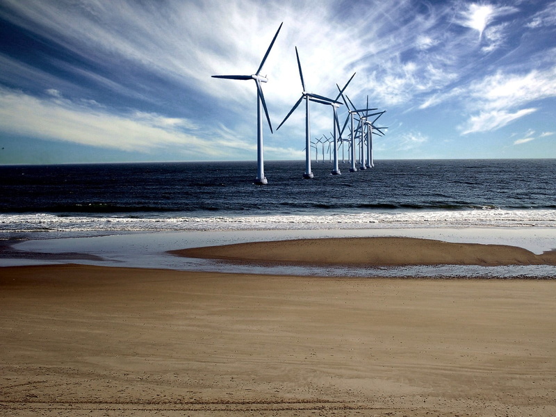 beauty in nature, beach, white, wind, sustainable resources, 720P, Shore, outdoors, environment, cloud - sky, turbine, scenics - nature, horizon over water