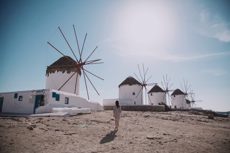environment, sun, day, vacation, architecture, fuel and power generation, beach, 4K, traditional windmill, front, woman, blue, built structure, recreation