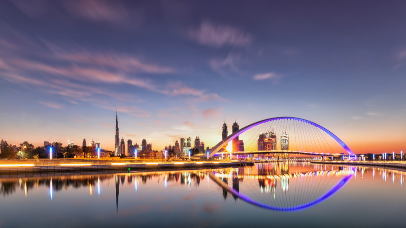 Dubai, 4K, Dubai Canal bridge, Cityscape, Tolerance Bridge, gateway, Dubai Water Canal, arch, 4K