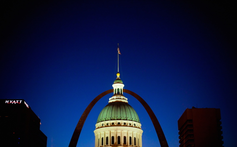 Gateway Arch, clear sky, blue, building exterior, illinois, Missouri, high section, built structure, outdoors, sky, travel, Arch, United States of America