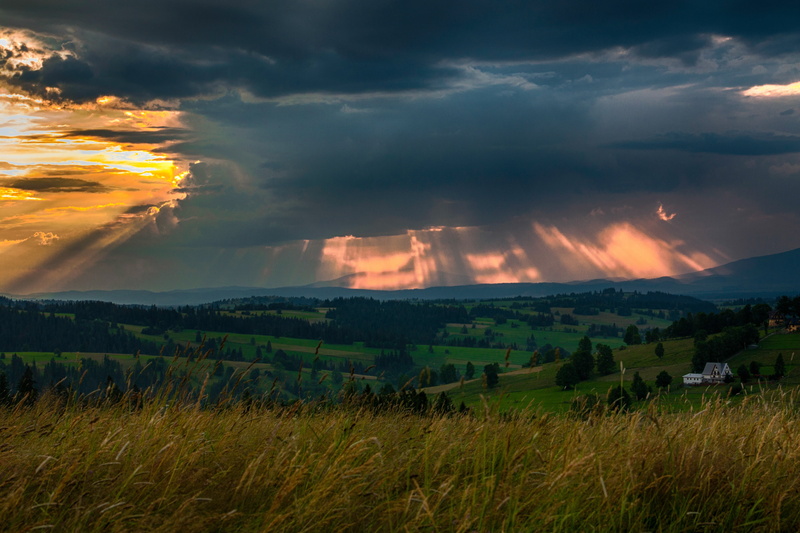 house, landscape, sun, dramatic sky, storm, cloud - sky, no people, clouds, hills, sunrise, farm, tranquility, land, rolling, blue, sunset, photo, scenics - nature
