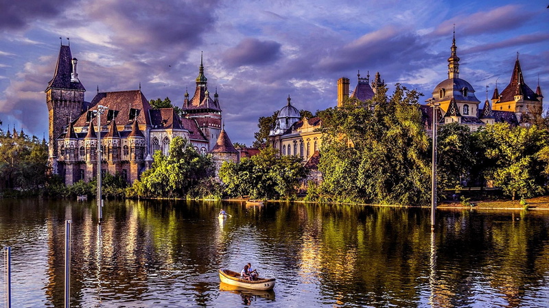 lake, hungary, varosliget, budapest, europe, city, vajdahunyad castle, castle, boating lake, 1080P, boating, boat