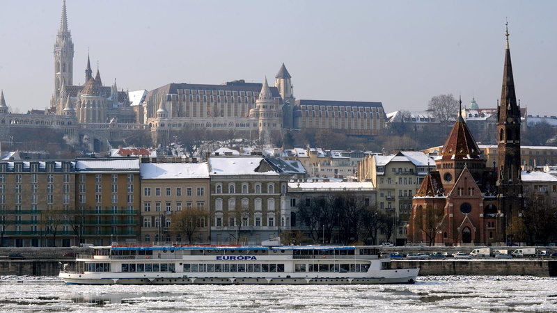 building, cityscape, cruise ship, Hungary, Budapest, tower, ice, church, river, snow, Donau, 1080P, winter
