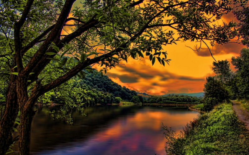 hills, no people, scenics - nature, nature, path, HDR, tranquility, tree, clouds, tranquil scene, river, shrubs, trees, reflection, beauty in nature, lake