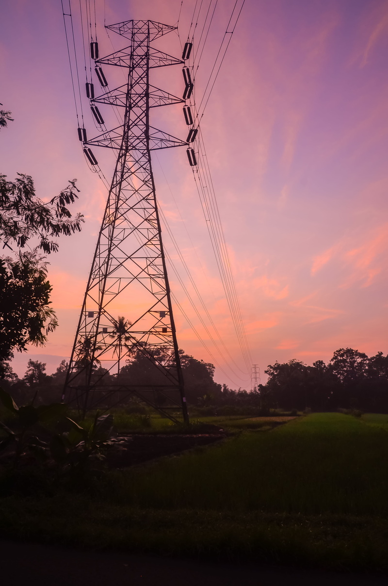 sunset, low angle view, no people, power supply, electricity, technology, plant, fuel and power generation, beauty in nature, orange color, power line