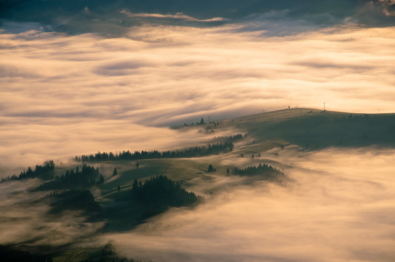 aerial view, day, painting, sunset, boat, beauty in nature, blue, sky, environment, non-urban scene, 1080P, outdoors, scenics - nature, mist, tree, hills