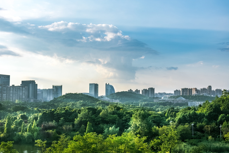 no people, urban skyline, sky, tree, park, skyscraper, city, building exterior, woods, landscape, view mountain lake park, cloud, building, guizhou, 5K