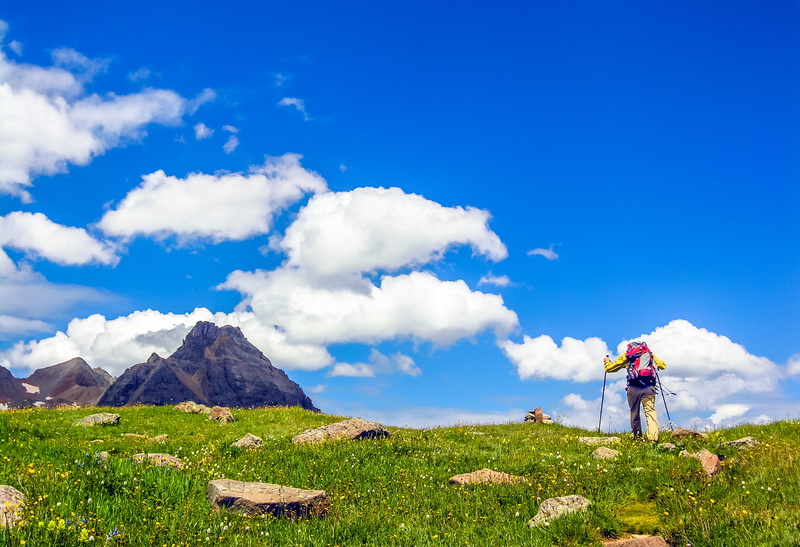 nature, mountain, hiker, outdoors, leisure activity, tranquil scene, glacier park, hiking, scenics - nature, trekking poles, bluebird day, men, tranquility
