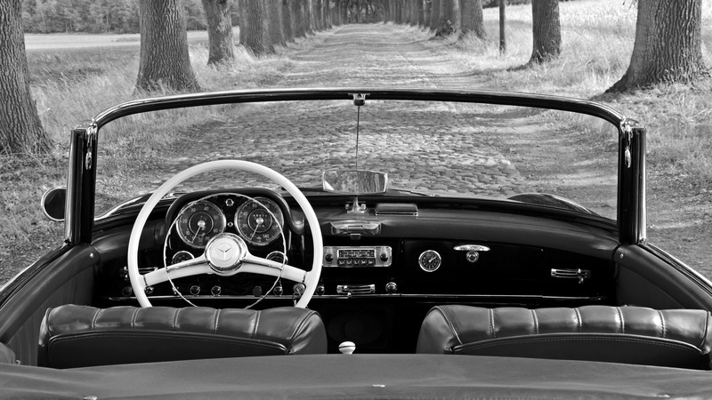 motor vehicle, classic, oldtimer, steering wheel, day, mercedes 190 sl, mode of transportation, transportation, retro styled, no people, dashboard, cabriolet