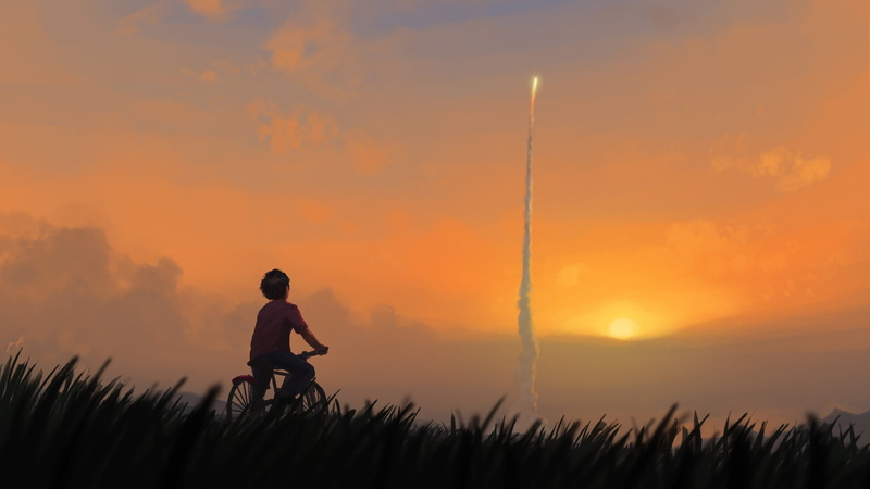 Boy, Hell get there someday, Start, by Kenneth Sofia, Launch, Rocket, The sun, Kenneth Sofia, Illustration, 1080P, Bike, Art, Sunset