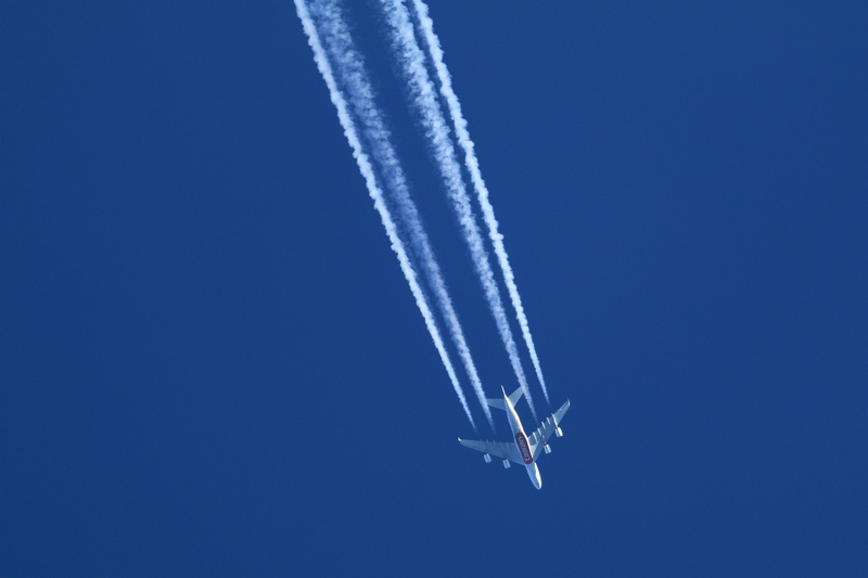 jet propulsion, blue, fly, low angle view, aviation, no people, radiation plane, travel, day, contrail, smoke - physical structure, nature, airline, cloud - sky