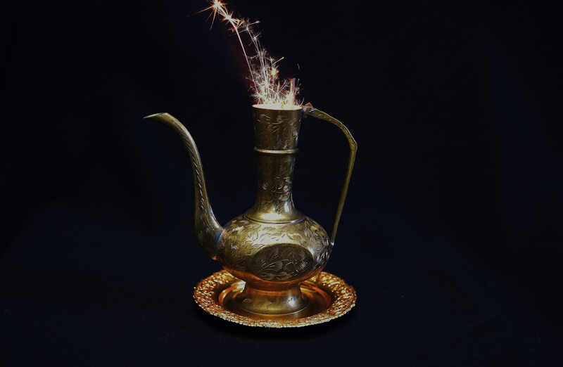 arabic old, wish fulfillment, metal, teapot, indoors, old, still life, studio shot, new age, carafe, ornate, single object, smoke - physical structure