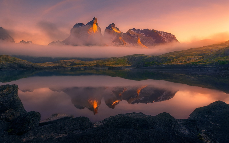 mountains, summer, 1080P, Torres del Paine, mist, Chile, reflection, lake, landscape, nature, water
