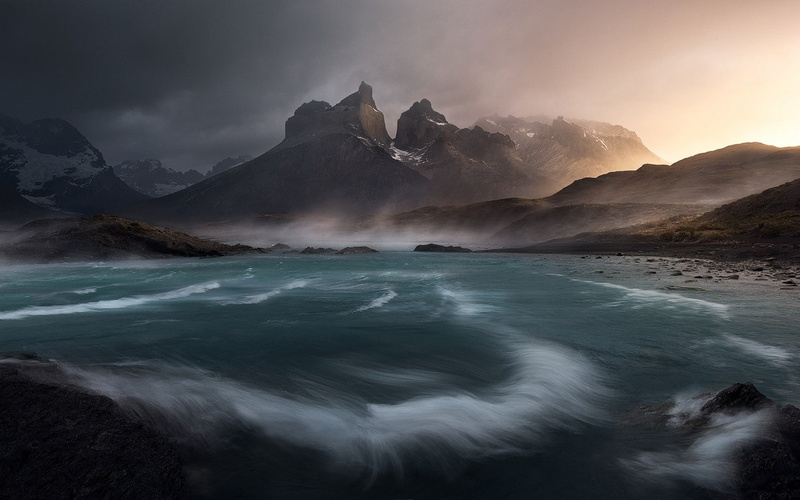 Torres del Paine, landscape, mist, 720P, lake, Chile, snowy peak, nature, clouds, mountains, wind, water