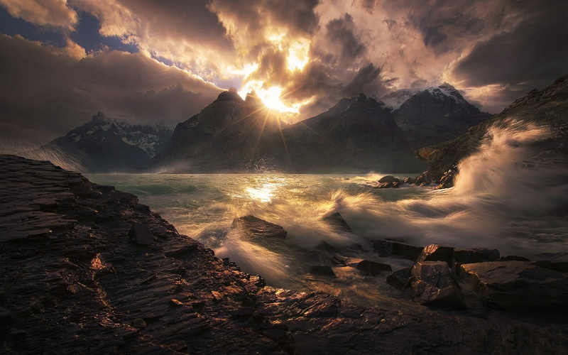 1080P, clouds, Torres del Paine, snowy peak, nature, lake, Chile, landscape, mountains, wind, sky, sunset