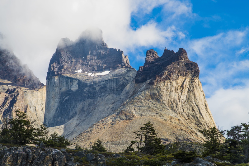 trees, plant, mountain peak, tree, colors, scenics - nature, clouds, non-urban scene, rock - object, tranquil scene, national park, landscape, solid, torres del paine national park