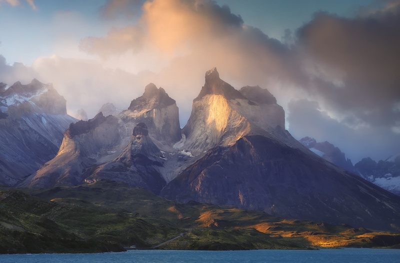 1080P, lake, photography, road, Morning, Buses, Patagonia, Torres Del Paine, mountains, nature, Chile, sunlight, National Park, landscape, clouds