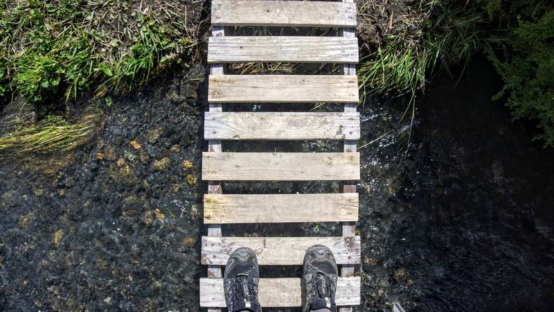directly above, foot bridge, outdoors, real people, one person, body part, growth, torres del paine national park, nature, patagonia, standing, water, crossing