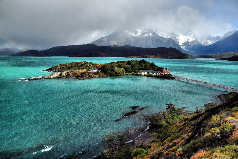 nature, mountains, coast, lake, patagonia, pehoe, 1080P, bridges, chile, island