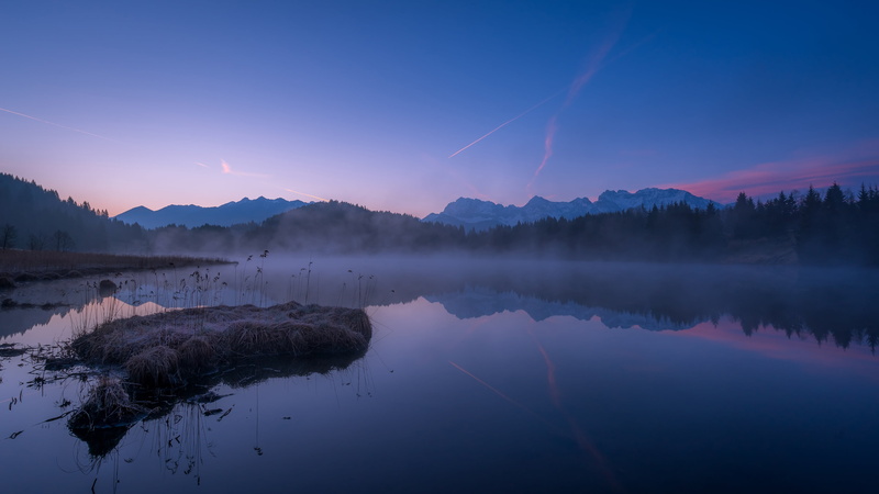 lake, sky, dawn, morning, cloud - sky, night, misty, blue hour, twilight, tranquil scene, scenics - nature, blue landscape, mountain range, mountain, reflection lake
